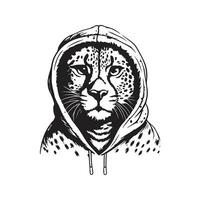 guépard portant sweatshirt à capuche, ancien logo ligne art concept noir et blanc couleur, main tiré illustration vecteur