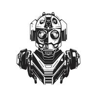 sci Fi robot, ancien logo ligne art concept noir et blanc couleur, main tiré illustration vecteur