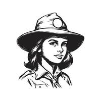 fille scout, ancien logo ligne art concept noir et blanc couleur, main tiré illustration vecteur