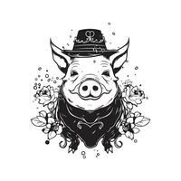 porc élémentaliste, ancien logo ligne art concept noir et blanc couleur, main tiré illustration vecteur