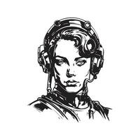 cyborg fille, ancien logo ligne art concept noir et blanc couleur, main tiré illustration vecteur