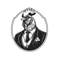 coq portant costume, ancien logo ligne art concept noir et blanc couleur, main tiré illustration vecteur