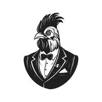 coq portant costume, ancien logo ligne art concept noir et blanc couleur, main tiré illustration vecteur