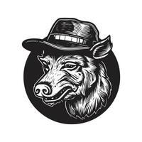 sanglier portant chapeau, ancien logo ligne art concept noir et blanc couleur, main tiré illustration vecteur