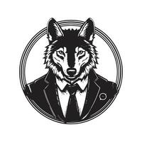 Loup homme d'affaire, ancien logo ligne art concept noir et blanc couleur, main tiré illustration vecteur