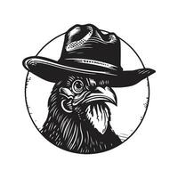 coq portant chapeau, ancien logo ligne art concept noir et blanc couleur, main tiré illustration vecteur