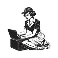 femme avec ordinateur portable, ancien logo ligne art concept noir et blanc couleur, main tiré illustration vecteur