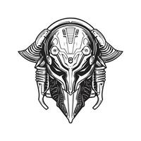 bataille extraterrestre cybernétique, ancien logo ligne art concept noir et blanc couleur, main tiré illustration vecteur