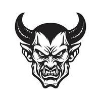 diable mascotte, ancien logo ligne art concept noir et blanc couleur, main tiré illustration vecteur