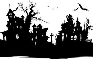 petit dessin animé ville silhouette Maisons des arbres noir et blanche. vecteur illustration avec Fée ville silhouette. Halloween villageois silhouette vecteur illustration.