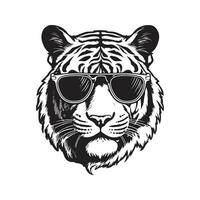 tigre tête portant des lunettes de soleil, ancien logo ligne art concept noir et blanc couleur, main tiré illustration vecteur