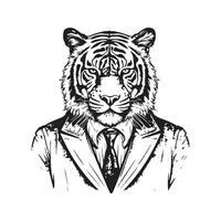 tigre portant costume, ancien logo ligne art concept noir et blanc couleur, main tiré illustration vecteur