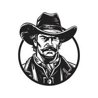 cow-boy, ancien logo ligne art concept noir et blanc couleur, main tiré illustration vecteur