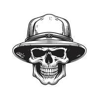 crâne portant seau chapeau, ancien logo ligne art concept noir et blanc couleur, main tiré illustration vecteur