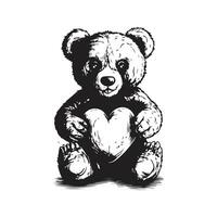 mignonne nounours ours en portant cœur, ancien logo ligne art concept noir et blanc couleur, main tiré illustration vecteur