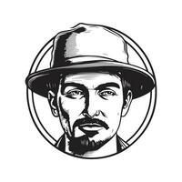 homme portant seau chapeau, ancien logo ligne art concept noir et blanc couleur, main tiré illustration vecteur