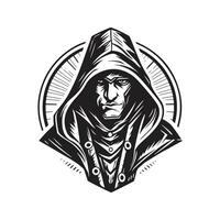 furtif assassin, ancien logo ligne art concept noir et blanc couleur, main tiré illustration vecteur