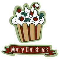 une carte postale avec une Noël petit gâteau dans crème décoré avec du gui baies et une bonbons canne, une dessin animé Noël vecteur illustration. une carte postale pour le vacances dans rétro style. dessin animé objet