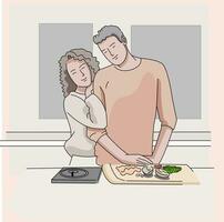 homme et femme romantique dans le cuisine cuisine souriant famille en train de préparer, portion nourriture ensemble vecteur