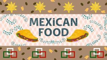 illustration de bannière pour un design dans un style plat sur le thème de la cuisine mexicaine le nom de l'inscription avec des tortillas de tacos sur fond de brindilles avec des feuilles vecteur