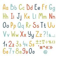 ensemble alphabet mignon de lettres manuscrites simples pour enfants, de chiffres et de symboles de ponctuation. lettres minuscules et majuscules. ensemble de vecteurs isolé sur fond blanc. vecteur