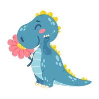 mignon petit dinosaure renifle une fleur. dragon avec une plante. personnage pour la conception d'affiches, de cartes postales et de vêtements. photo pour enfant. illustration vectorielle fond blanc isolé. vecteur