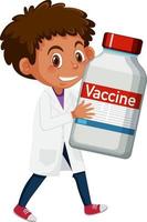 personnage de dessin animé d'un médecin tenant une bouteille de vaccin covid-19 vecteur