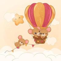 mignonnes petites souris volant avec une montgolfière vecteur