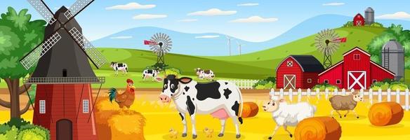 scène de paysage horizontal de ferme avec des animaux de la ferme vecteur