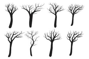 ensemble de main tiré Halloween sec, mort, sinistre, effrayant arbre vecteur silhouette, Halloween terrifiant vieux sec non feuilles svg clipart, hiver nu noir branche nu branches des arbres silhouettes vecteur éléments