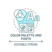 palette de couleurs et icône de concept de polices. illustration de la ligne mince de l'idée abstraite de marque. distinguant la marque des autres par la typographie, les couleurs. dessin de couleur de contour isolé de vecteur. trait modifiable vecteur