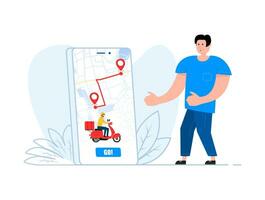 livraison app sur une téléphone intelligent suivi une livraison homme sur une vélomoteur. livraison et en ligne achats. vecteur