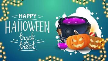 joyeux halloween, trick or treat, carte postale de voeux bleue horizontale avec guirlande d'halloween, chaudron de sorcière et jack citrouille vecteur