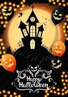 joyeux halloween, modèle vertical pour votre créativité avec une grande pleine lune et un vieux château en arrière-plan. modèle décoré de ballons d'halloween et de guirlandes vecteur