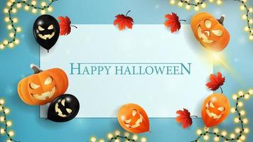 modèle d'halloween pour votre créativité avec une feuille de papier. modèle bleu avec des ballons d'halloween, des citrouilles, des feuilles d'automne et des guirlandes. la vue d'en haut. vecteur