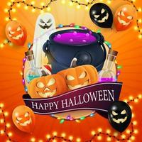 joyeux halloween, carré orange, modèle pour votre créativité avec grand cercle, guirlande, ruban avec salutation, ballons d'halloween, fantôme, chaudron de sorcière et citrouille jack vecteur