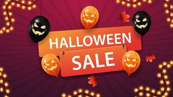 vente d'halloween, bannière de remise orange horizontale avec ballons d'halloween et feuilles d'automne vecteur