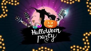 fête d'halloween, bannière d'invitation à une fête créative avec microphone, guitares, citrouilles et épouvantail. modèle violet pour l'affiche de la fête d'halloween vecteur