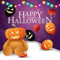 joyeux halloween, carte postale de voeux carré violet avec ballons d'halloween et ours en peluche avec tête de citrouille jack vecteur