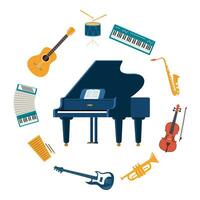 musical instruments, ensemble de Icônes. guitare, synthétiseur, violon, violoncelle, tambouriner, cymbales, saxophone, accordéon, tambourin, grandiose piano. vecteur illustration.