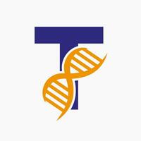 lettre t ADN logo conception concept avec ADN cellule icône. santé se soucier symbole vecteur