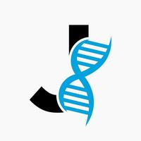 lettre j ADN logo conception concept avec ADN cellule icône. santé se soucier symbole vecteur