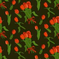 plat vecteur bouquet de rouge tulipes sans couture modèle. bouquet de fleurs avec rouge ruban et séparé fleurs sur foncé Contexte. idéal pour emballage papier, arrière-plan, fond d'écran, textile, bannière