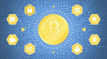 numérique Bitcoin. une d'or pièce de monnaie avec le bitcoin symbole sur il dans le centre de une pcb modèle comme est à l'intérieur de électronique cyberespace. graphique illustration sur le thème de crypto-monnaies. vecteur