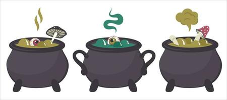 ensemble de potion chaudron. main tiré magique sorcière brasser pour Halloween faire la fête. vieux gros des pots avec vert liquide, mouches, champignons, yeux. l'automne vacances de mort. vecteur dessin animé illustration