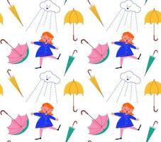 sans couture modèle avec parapluie et fille personnage. vecteur illustration dans années 60, Années 70 rétro style. enfants ancien Contexte.