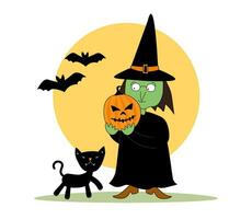 dessin animé sorcière avec une citrouille dans sa mains et une noir chat sur le Contexte de le lune et chauves-souris. impression pour Halloween. vecteur graphique.