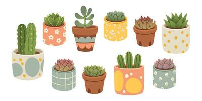 succulent cactus ensemble. cactus succulent dans pot, dessin animé plat style. cactus, plantes succulentes ensemble isolé sur blanc pour autocollants, salutation cartes. vecteur illustration