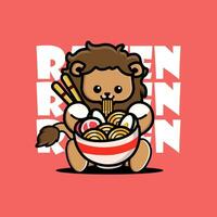 mignonne bébé Lion en mangeant ramen nouilles vecteur