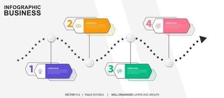 concept de La Flèche affaires modèle avec 4 successif pas. quatre coloré graphique éléments. chronologie conception pour brochure, présentation. infographie conception disposition vecteur